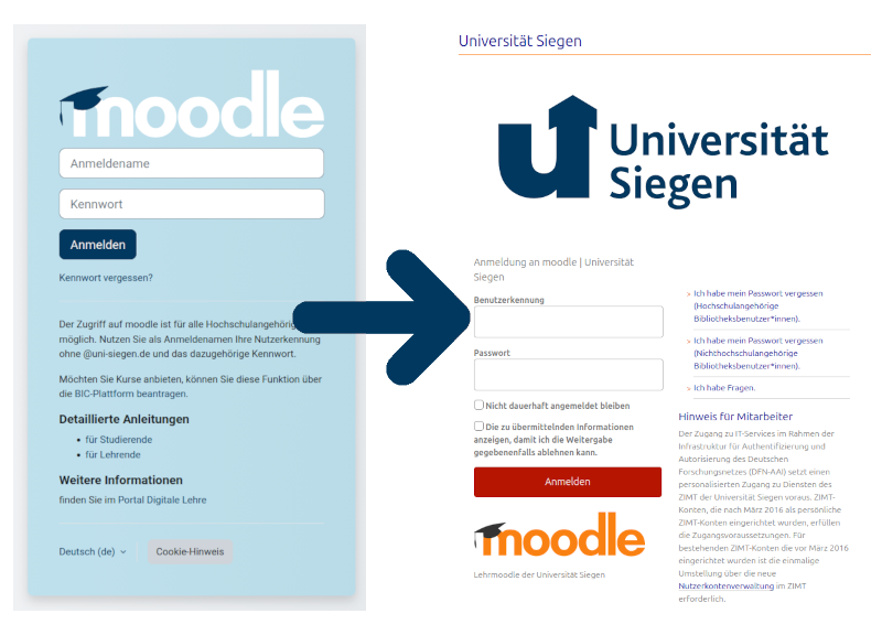 Hinweisbild mit links dem alten Login-Bildschirm und recht dem neuen Screen.
